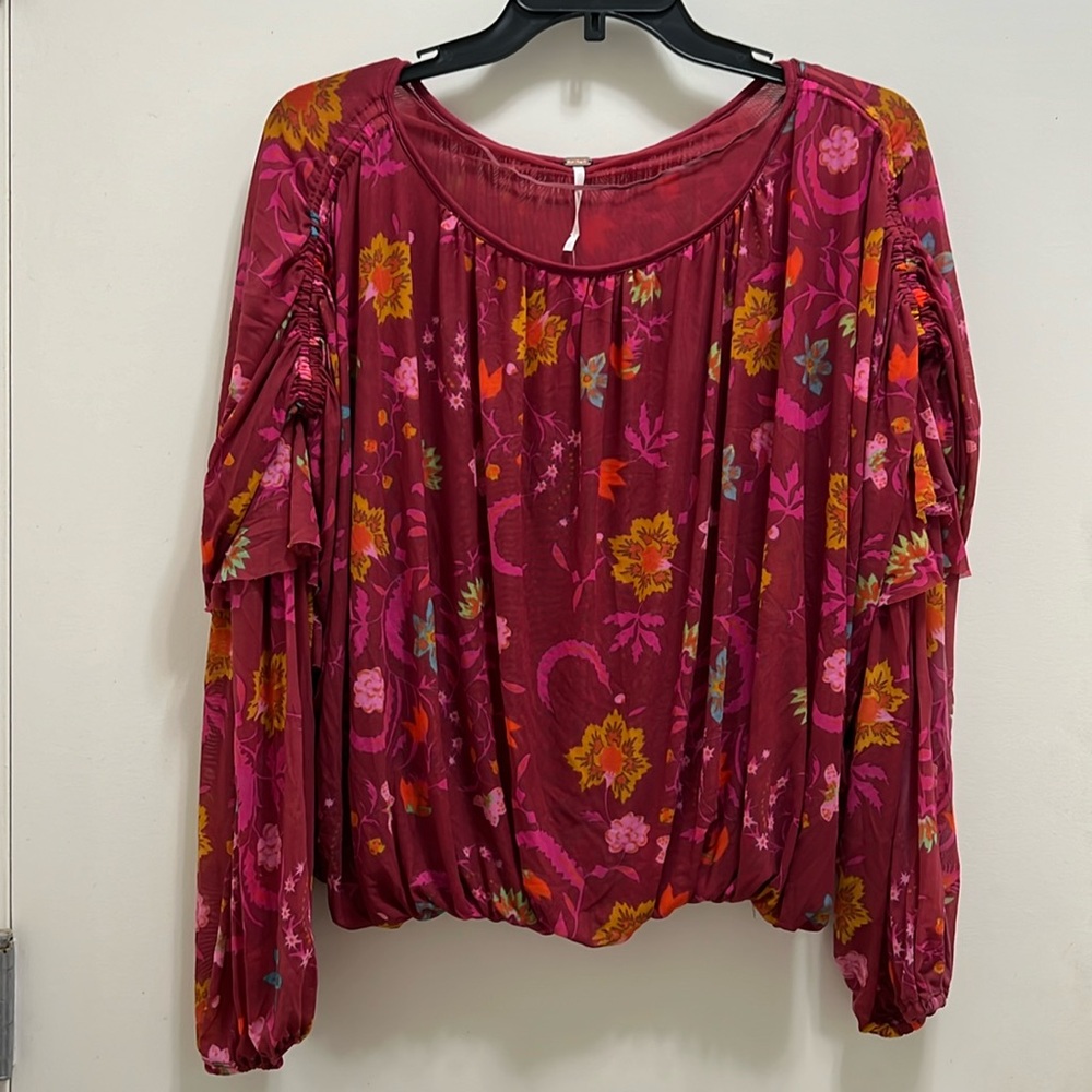 New Free People Wildflower Honey Blouson Peasant Top Berry Combo Floral